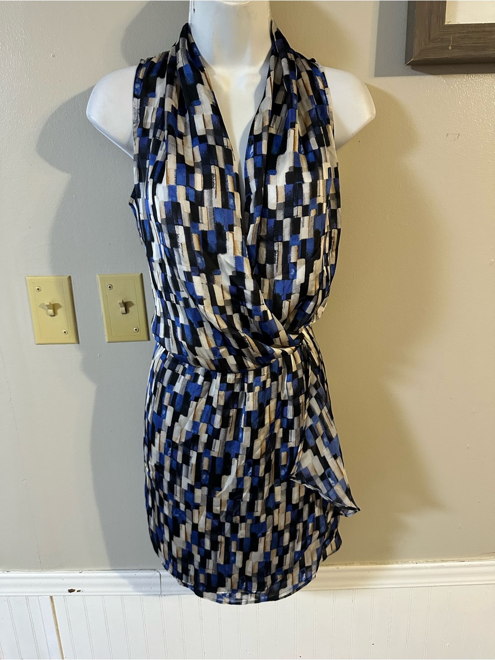 Geometric Blue & Black Sleeveless Wrap Mini Dress